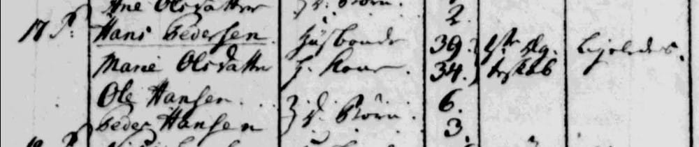 Udklip fra folketællingen 1801 i Lille Lyngby med Hans Pedersen som familieoverhoved