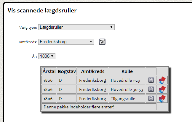 Skærmbillede fra AO genvej, der viser lægdsruller (en tilgangsrulle og to hovedruller) fra Frederiksborg Amt i 1806