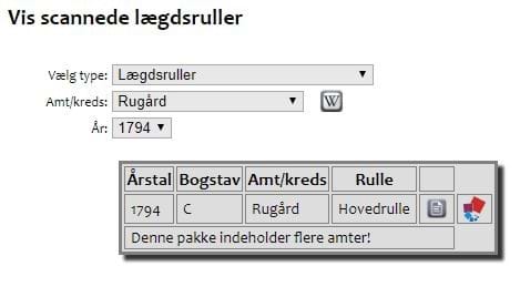 Skærmbillede fra AO genvej med lægdsruller fra Rugård Amt i 1794