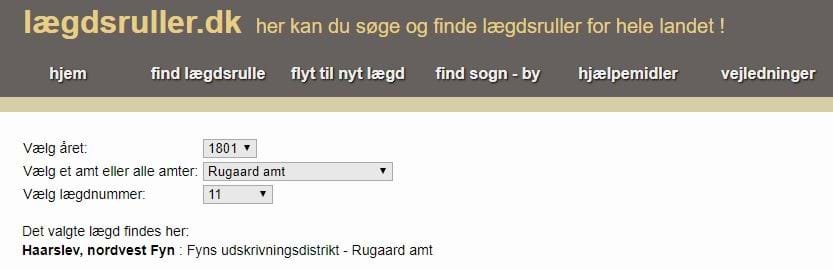 Skærmbillede fra hjemmesiden lægdsruller.dk, hvor man kan finde sognet, når man kender lægdsnummeret