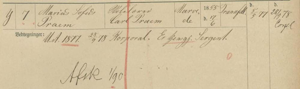 Udklip fra lægdsrulle hvoraf det fremgår at Marius Sofus Praem blev udslettet af rullen i 1890