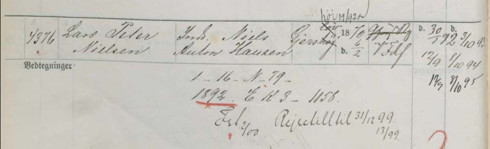 Udklip fra lægdsrulle med en flyttehenvisning og en anden vedtegning om rejsetilladelse i 1892