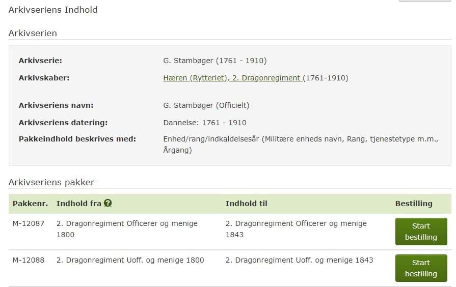 Skærmbillede fra Rigsarkivets katalog Daisy med visning af en arkivseries indhold