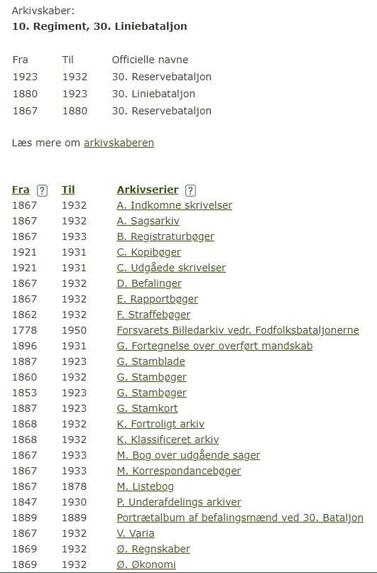 Skærmbillede fra Rigsarkivets katalog Daisy, der viser arkivserierne for arkivskaberen 10. Regiment, 30. Reservebataljon