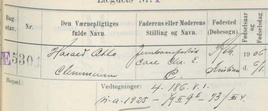 Harald Otto Clemmensen i lægdsrullen for 1927