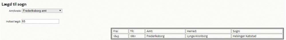 Skærmbillede fra AO genvej der viser oplysninger om lægd 65 under Frederiksborg Amt