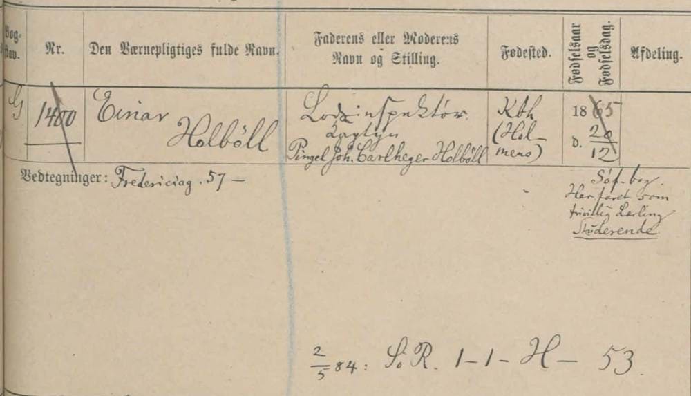 Einar Holbøll i lægdsrullen 1883 - en tilgangsrulle - med anmærkning om at han blev overflyttet til sørullen i 1884