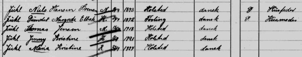 Jenny Kristine Juhl i folketællingen 1925. Klik på billedet for at se hele siden på Sall Datas hjemmeside AO genvej (åbner i nyt vindue)