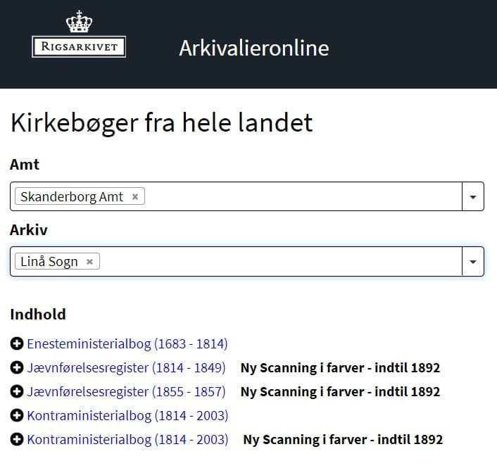 Skærmbillede fra Arkivalieronline - Kirkebøger fra hele landet