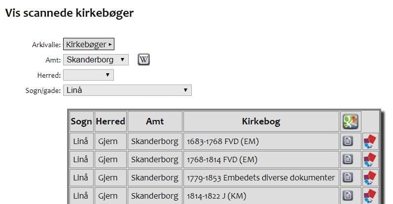 Skærmbillede fra Sall Data, AO genvej - Kirkebøger fra Linå Sogn