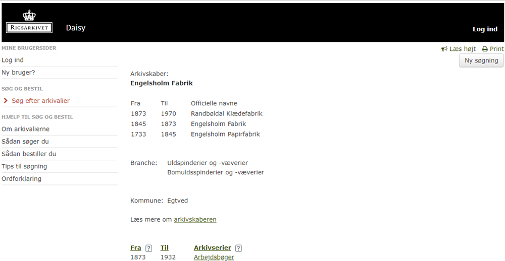 Skærmbillede fra Rigsarkivets katalog Daisy med detaljer om arkivskaberen Engelsholm
