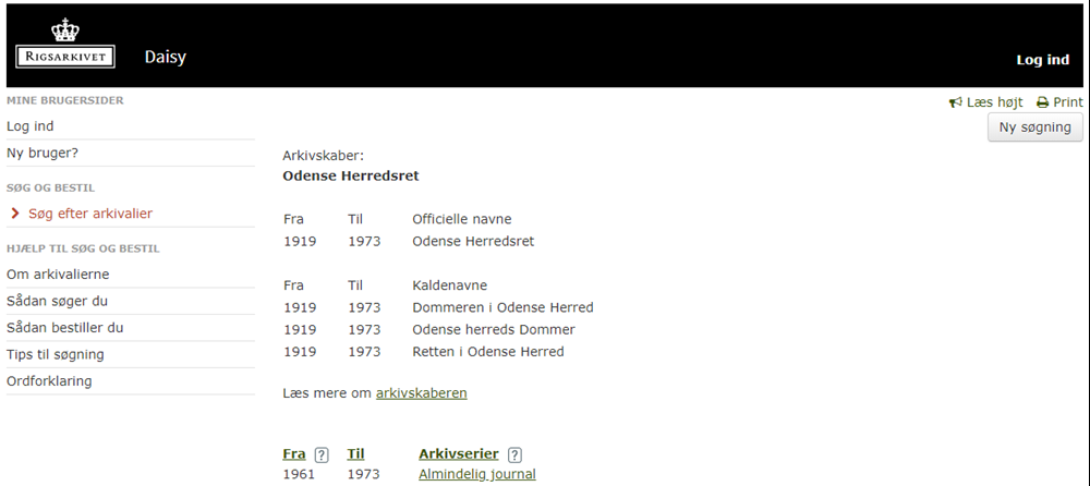 Skærmbillede fra Rigsarkivets katalog Daisy med detaljer om arkivskaberen Odense Herredsret 1919-1973