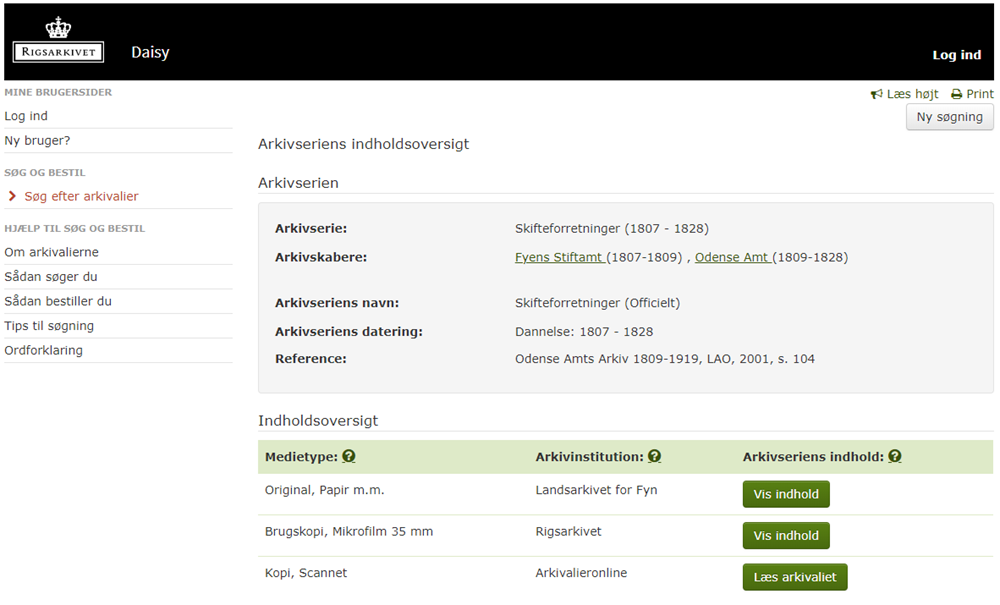 Skærmbillede fra Rigsarkivets katalog Daisy med indholdsoversigt for arkivserien Skifteforretninger 1807-28 fra arkivskaberne Fyens Stiftamt 1807-09 og Odense Amt 1809-28