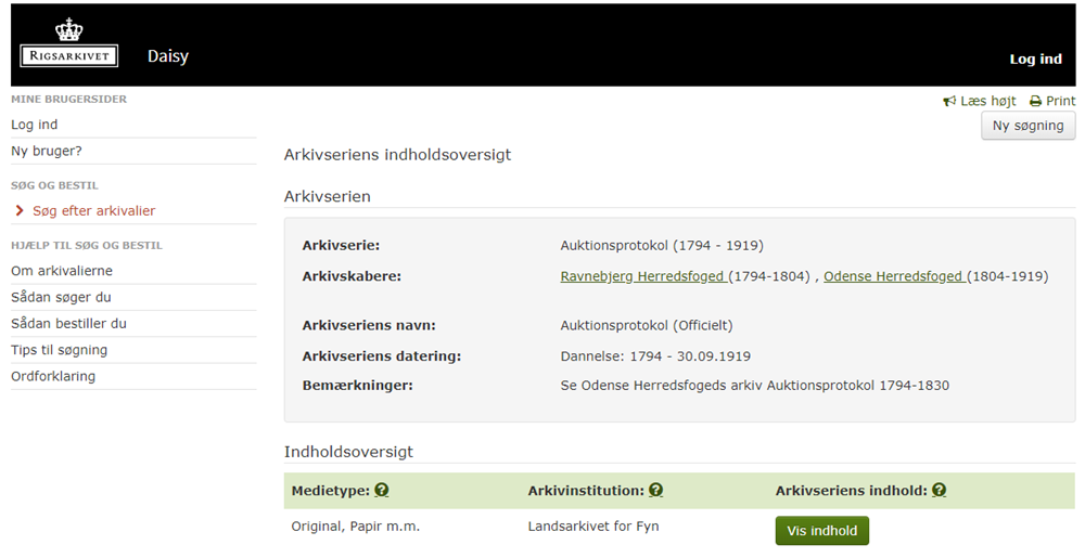 Skærmbillede fra Rigsarkivets katalog Daisy med indholdsoversigt til arkivserien Aktionsprotokol 1794-1919 fra arkivskaberne Ravnebjerg Herredsfoged (1794-1804) og Odense Herredsfoged 1804-1919
