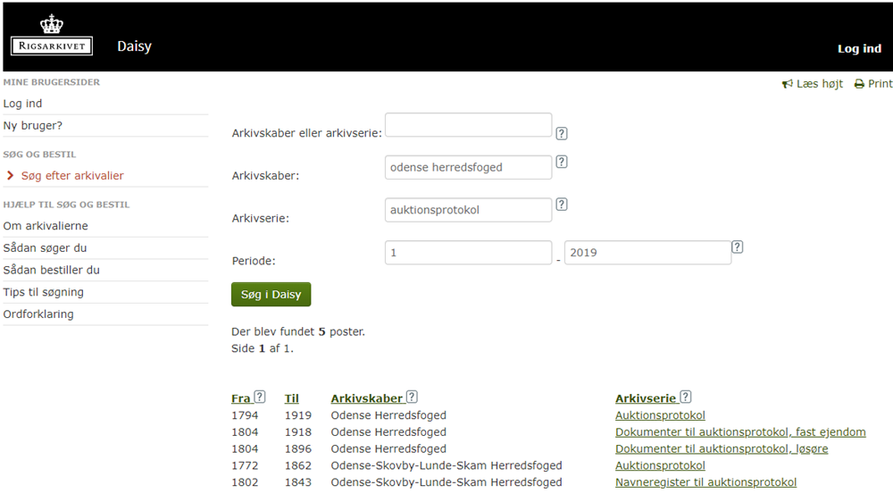 Skærmbillede fra Rigsarkivets katalog Daisy med søgning efter aktionsprotokoller fra arkivskaberen Odense Herredsfoged