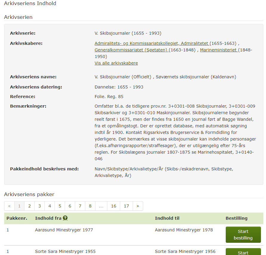 Skærmbillede fra Rigsarkivets katalog Daisy med indholdet af arkivserien Skibsjournaler 1655-1993 fra tre forskellige arkivskabere