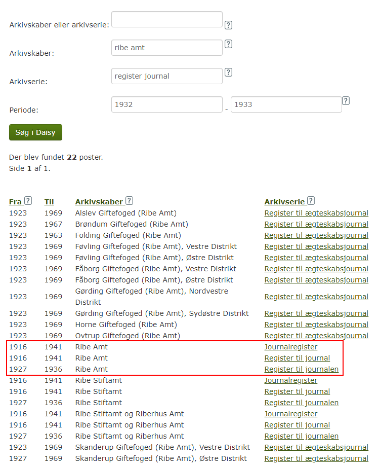 Skærmbillede fra søgning i Rigsarkivets katalog Daisy med søgning efter registre til Ribe Amts journal