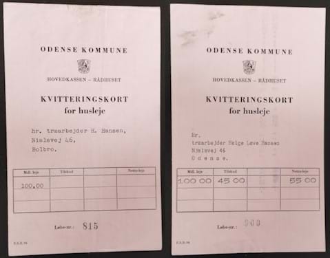 Huslejekvitteringskort fra Odense Kommune 1954-55