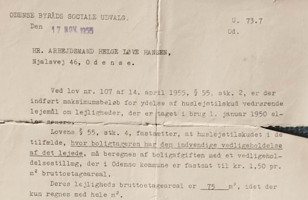 Brev om huslejetilskud fra Odense Kommune 1955