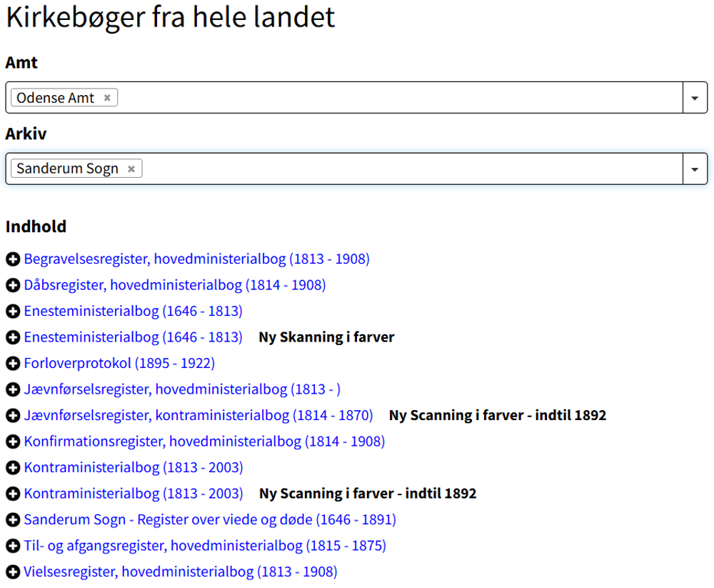 Skærmbillede fra Arkivalieronline - Scannede kirkebøger fra Sanderum Sogn, Odense Amt